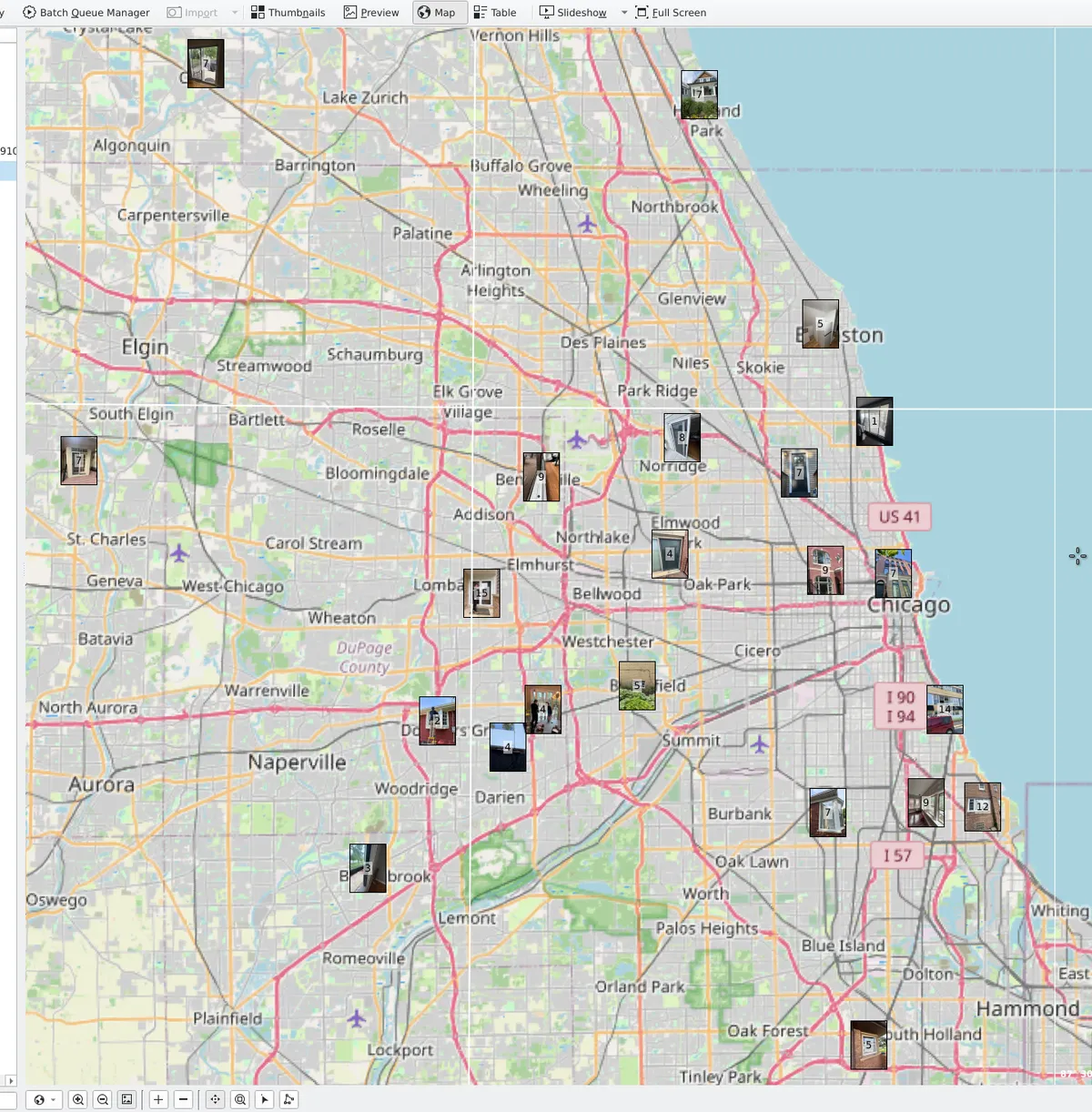 Map of photographed door and window repair jobs across Chicago and the surrounding suburbs